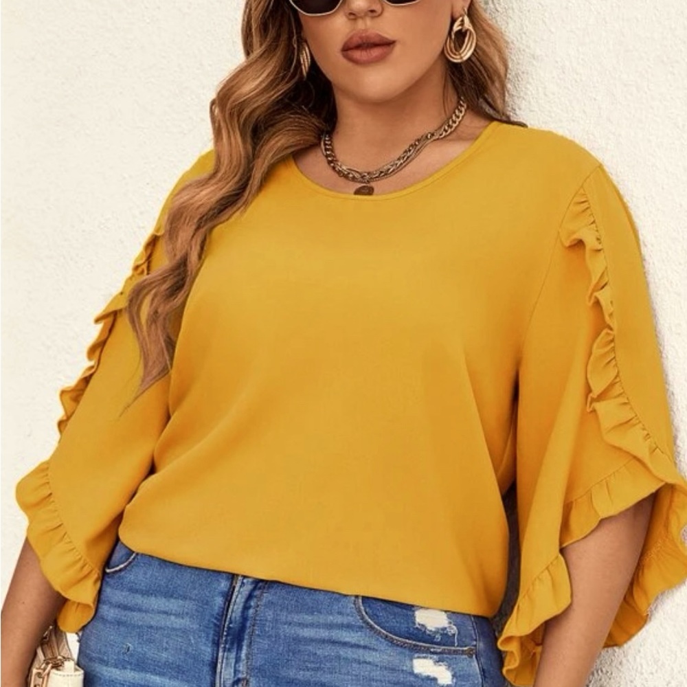 SHEIN Ruffle Trim Petal Sleeve Blouse. Mustard Yellow. 4x (20)